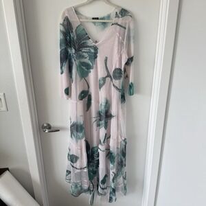 Komarov Watercolor Floral Print Tiered Lace Crinkle Maxi Dress Plus Size 2X